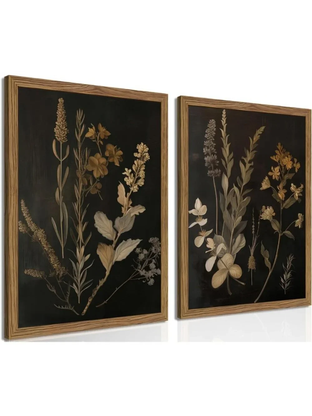 Moody Dark Botanical Framed Wall Art - Black & Gold Fern Floral Print Decor